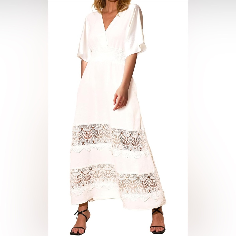 Anniente Boho Maxi Dress Short Sleeve V Neck Flowy Smocked Waist Lace w/Pockets